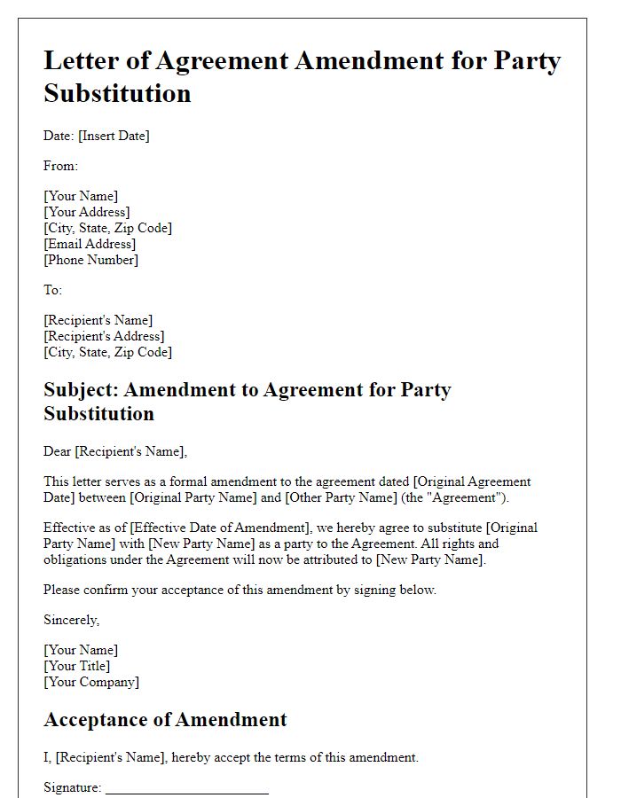 Letter template of agreement amendment for party substitution