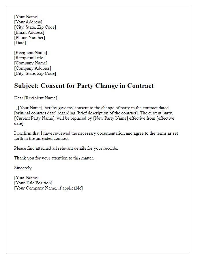 Letter template of consent for party change in contract