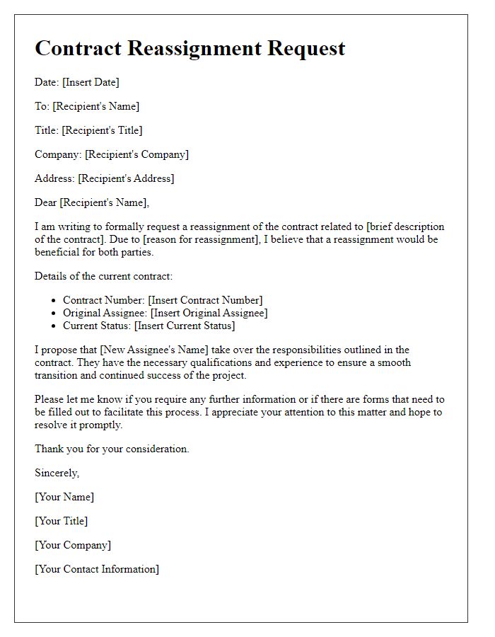 Letter template of contract reassignment request