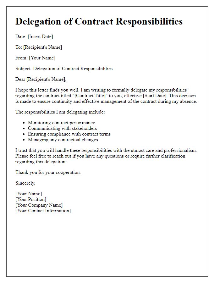 Letter template of delegation of contract responsibilities