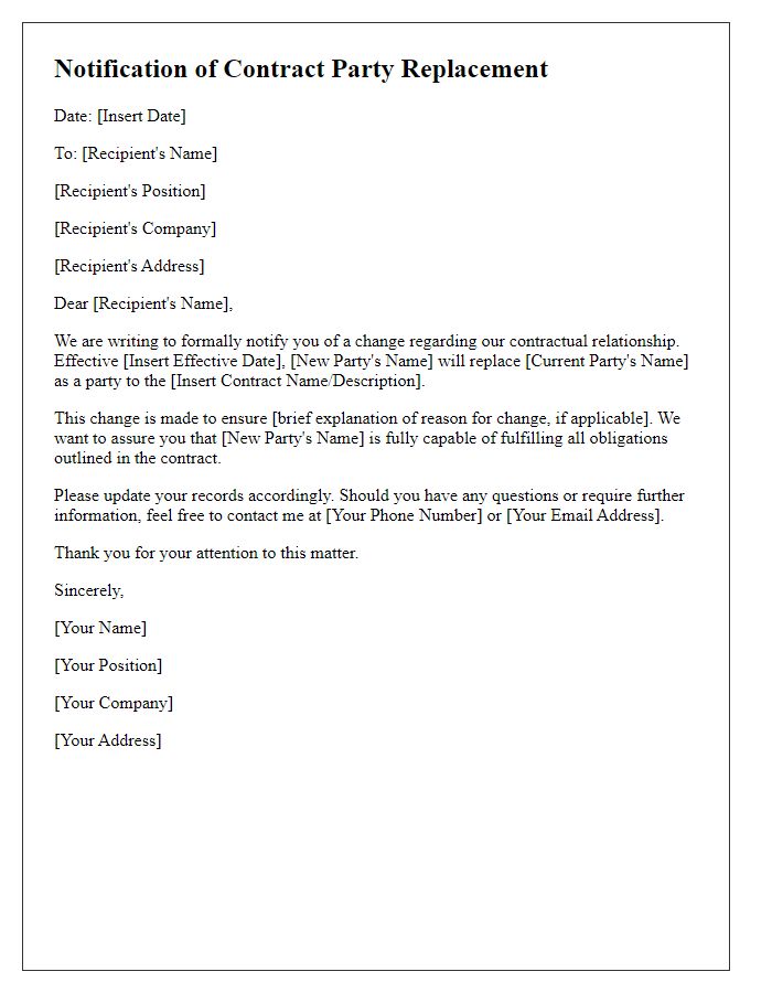 Letter template of notification for contract party replacement