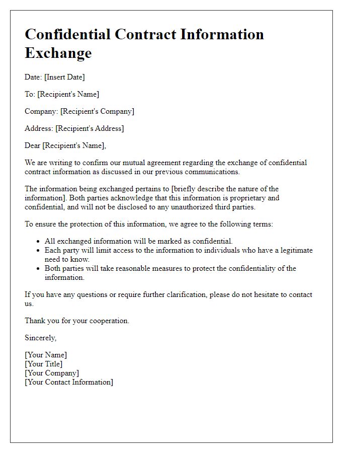 Letter template of Confidential Contract Information Exchange