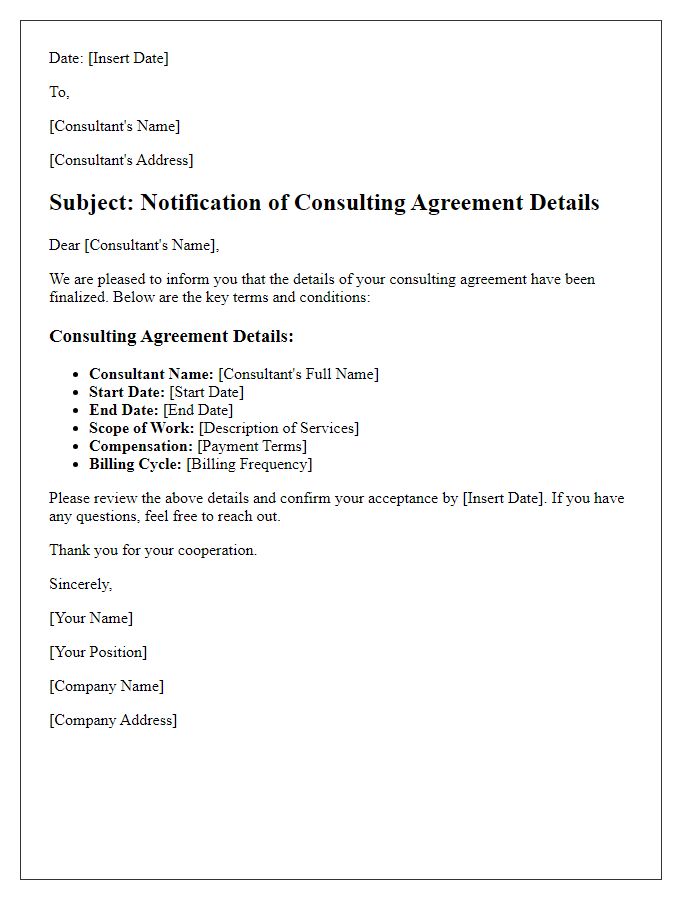 Letter template of Consulting Agreement Details Notification