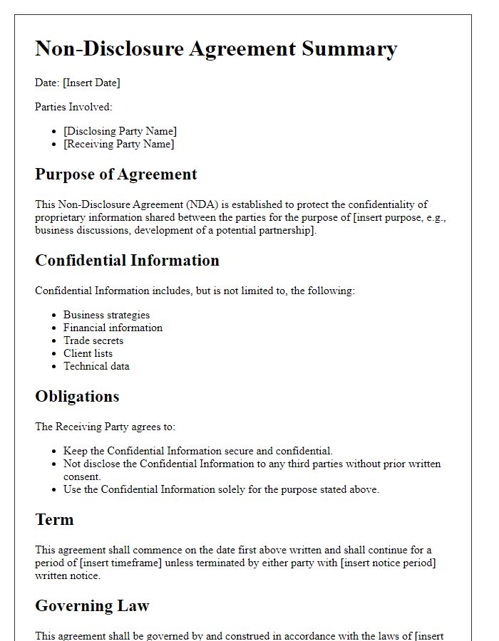 Letter template of Non-Disclosure Agreement Summary