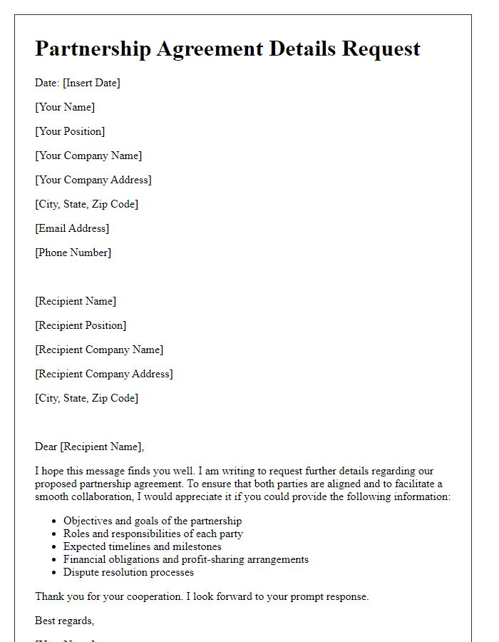 Letter template of Partnership Agreement Details Request