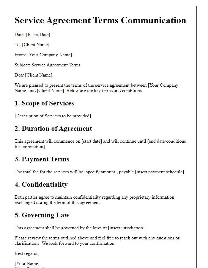 Letter template of Service Agreement Terms Communication