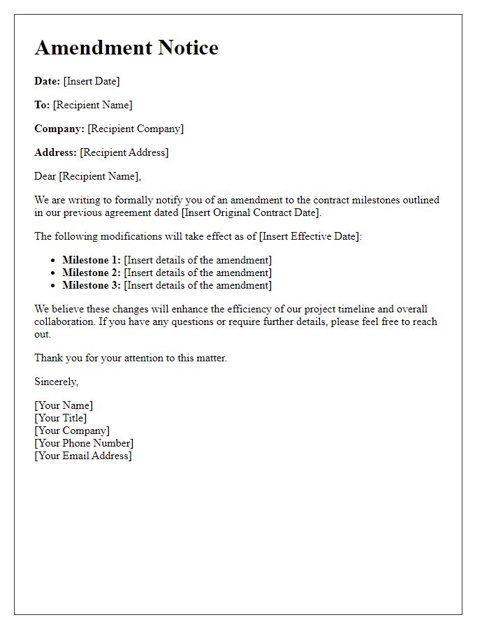 Letter template of amendment notice for contract milestones