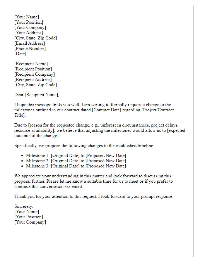 Letter template of formal request for milestone change in contract