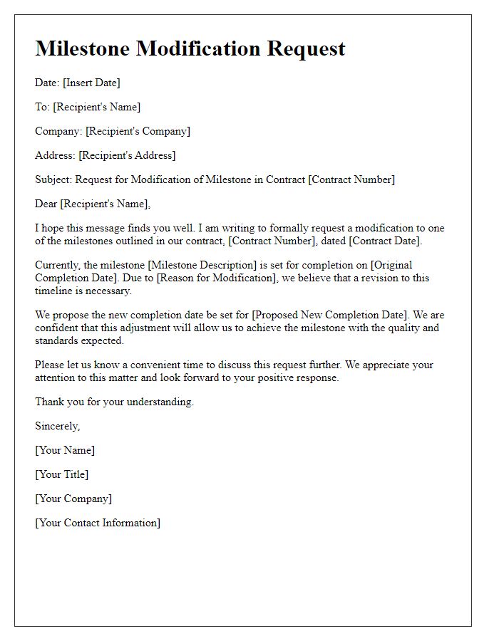 Letter template of milestone modification request for contract