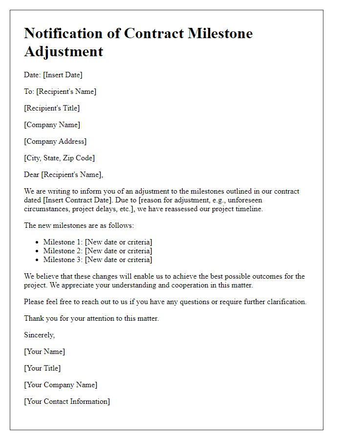 Letter template of notification for contract milestone adjustment