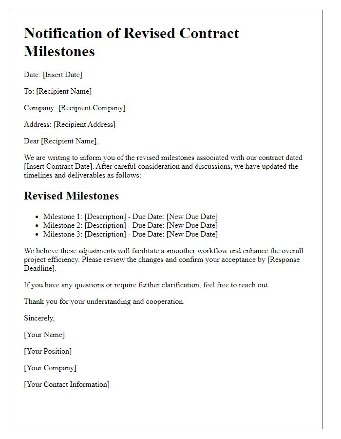 Letter template of notification for revised contract milestones