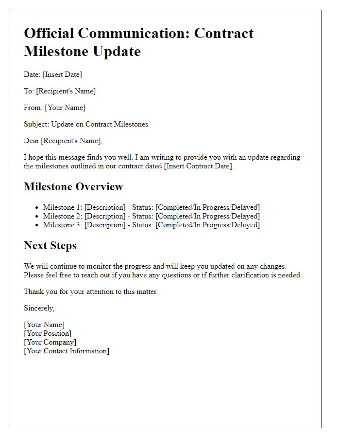 Letter template of official communication for contract milestone update