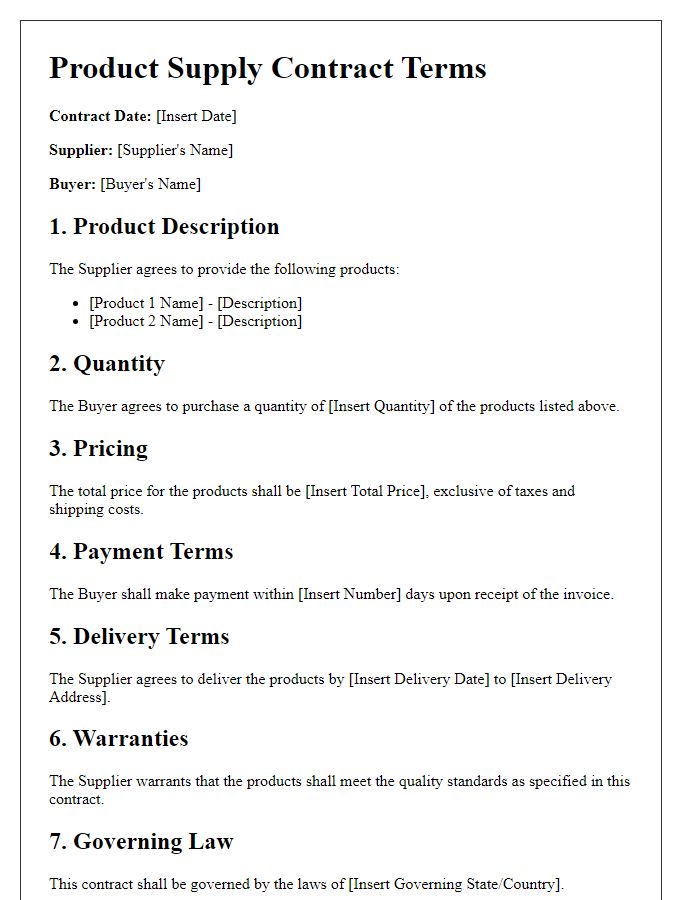 Letter template of contract terms for product supply