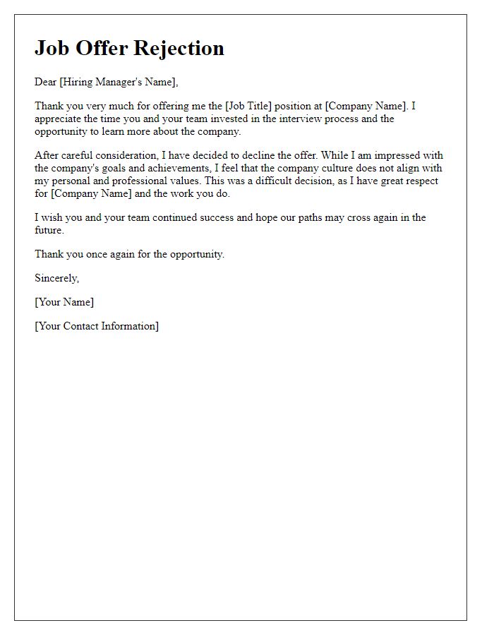 Letter template of job offer rejection due to company culture