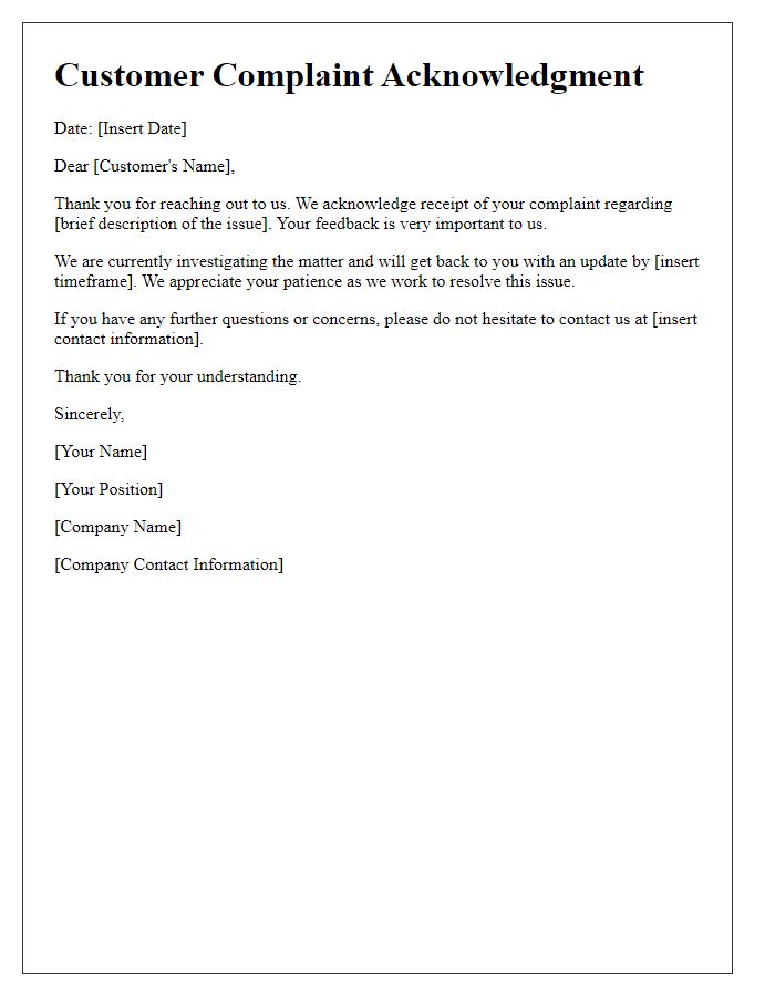 Letter template of acknowledgment for customer complaint