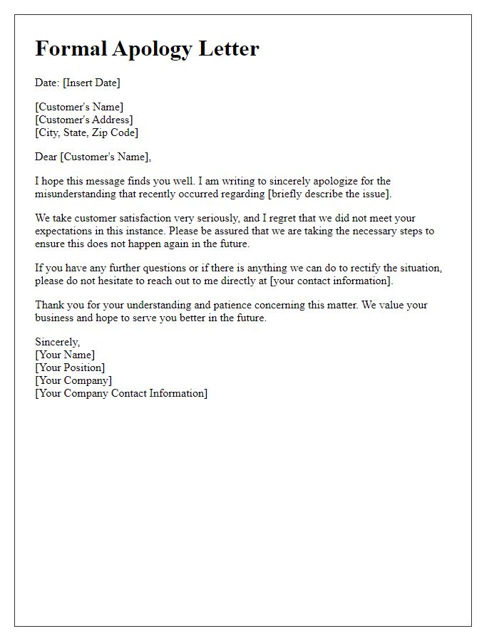 Letter template of formal apology for misunderstanding with a customer