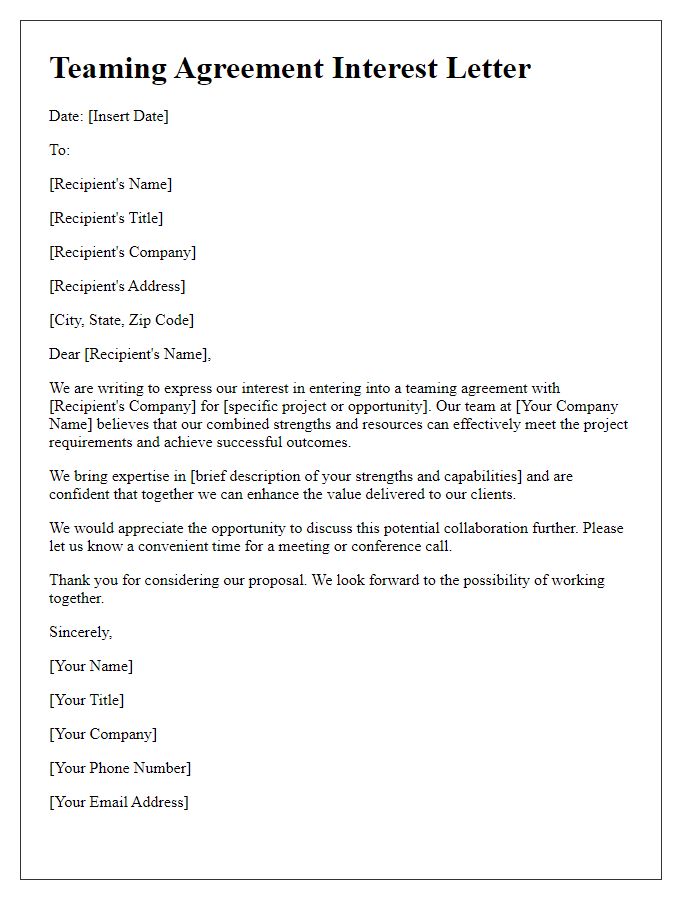 Letter template of Teaming Agreement Interest