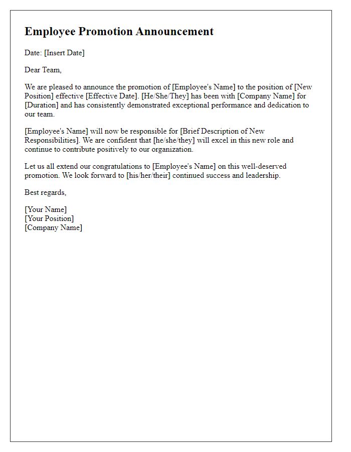 Letter template of employee promotion announcement in a formal setting.