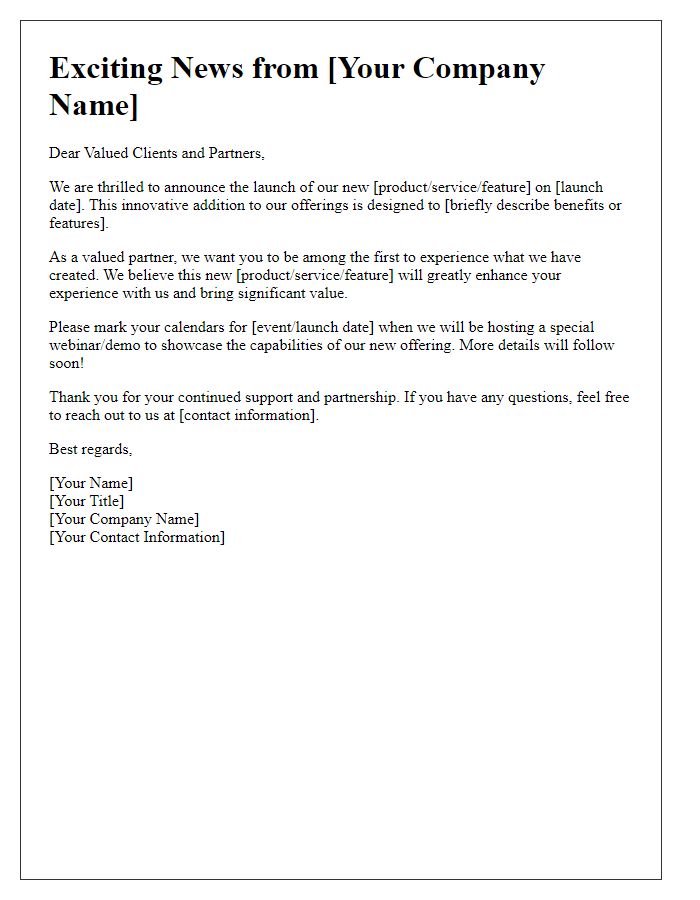 Letter template of a promotional announcement to clients and partners.