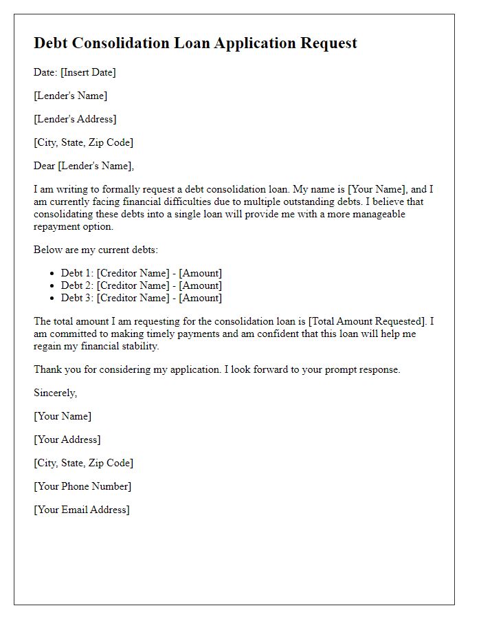 Letter template of debt consolidation loan application request