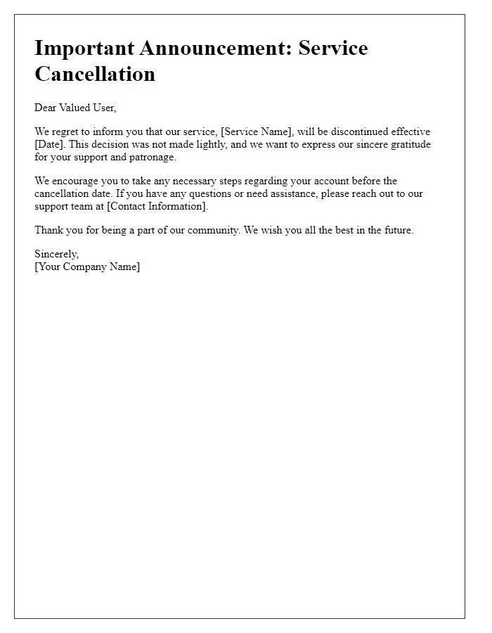 Letter template of service cancellation announcement for users.