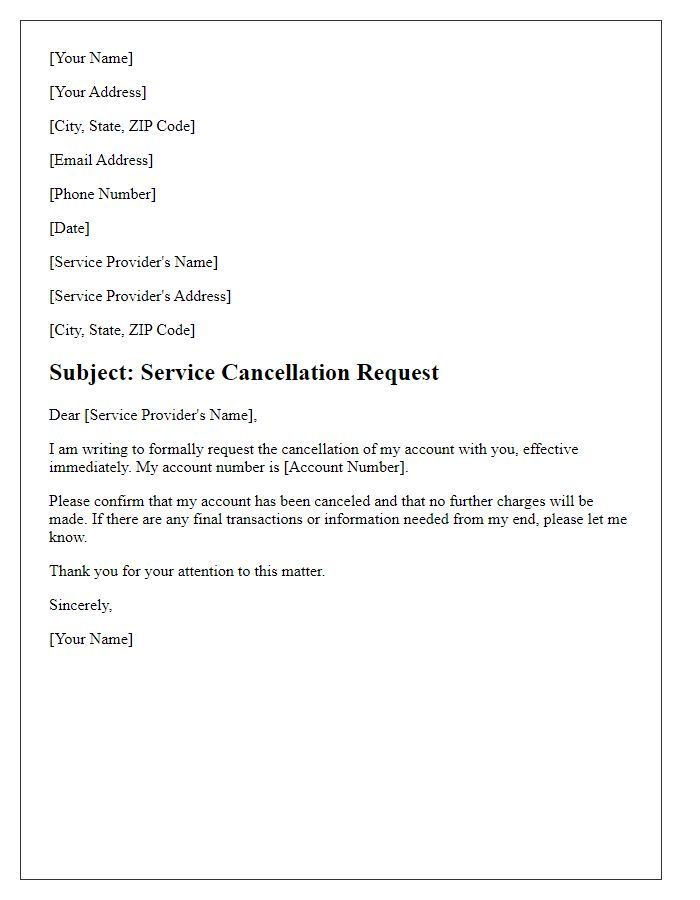 Letter template of service cancellation letter for account holders.