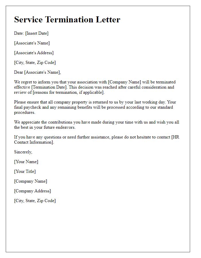 Letter template of service termination correspondence for associates.