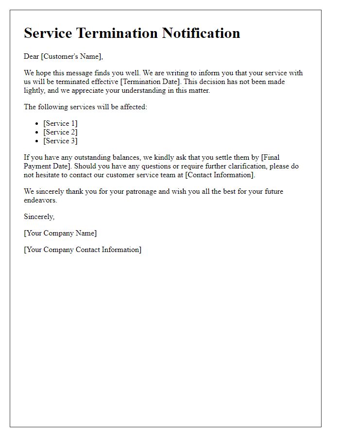 Letter template of service termination notification for customers.