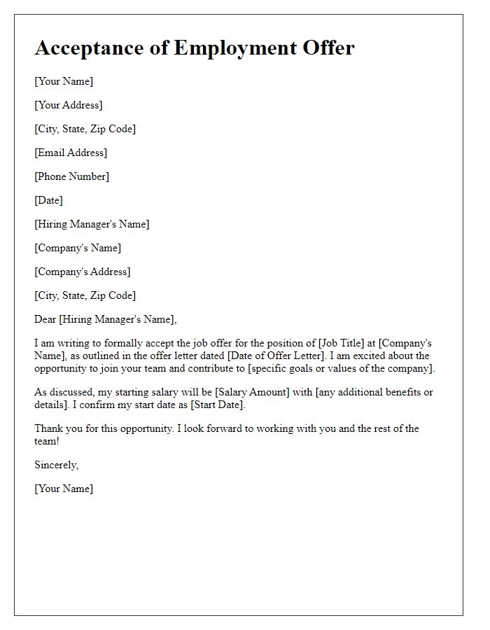 Letter template of acceptance for a new employment position