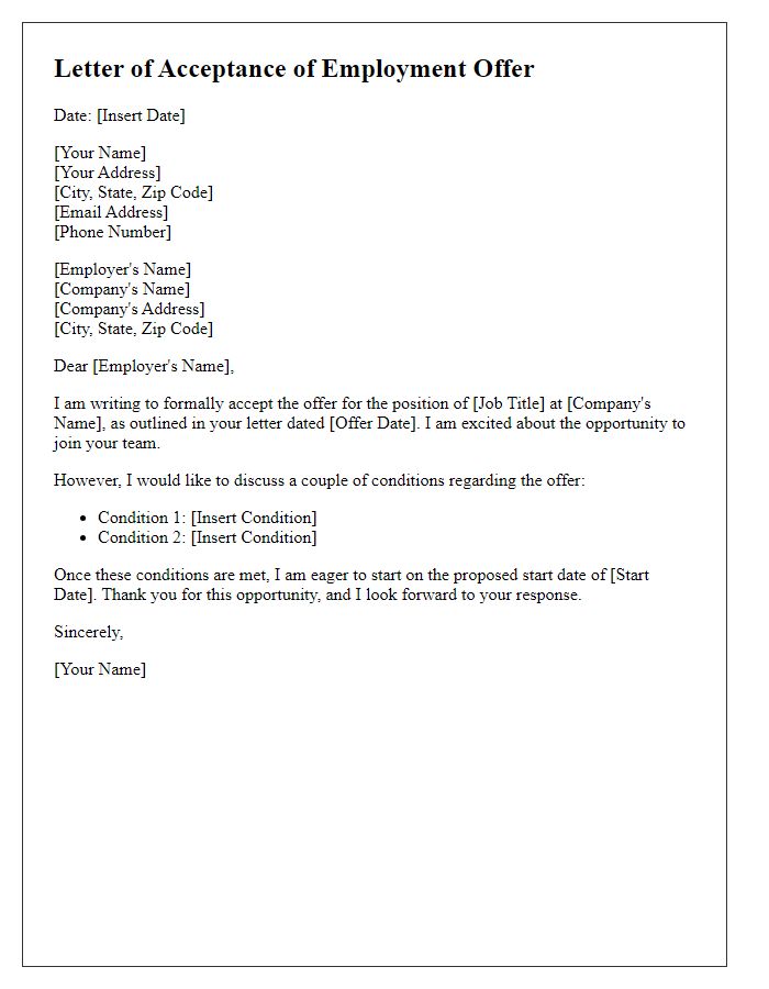 Letter template of accepting employment offer with conditions