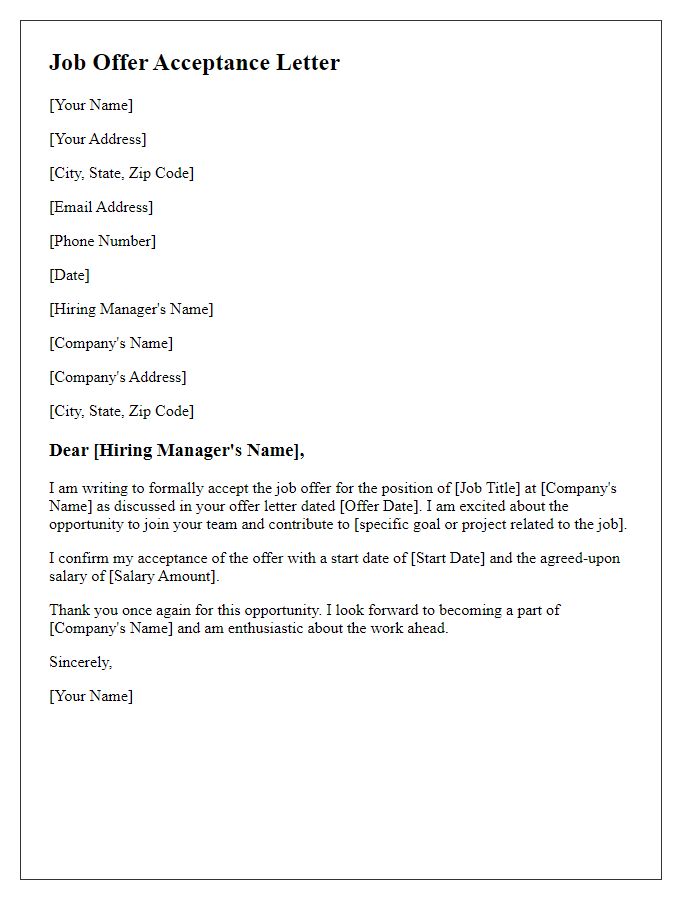 Letter template of written job offer acceptance