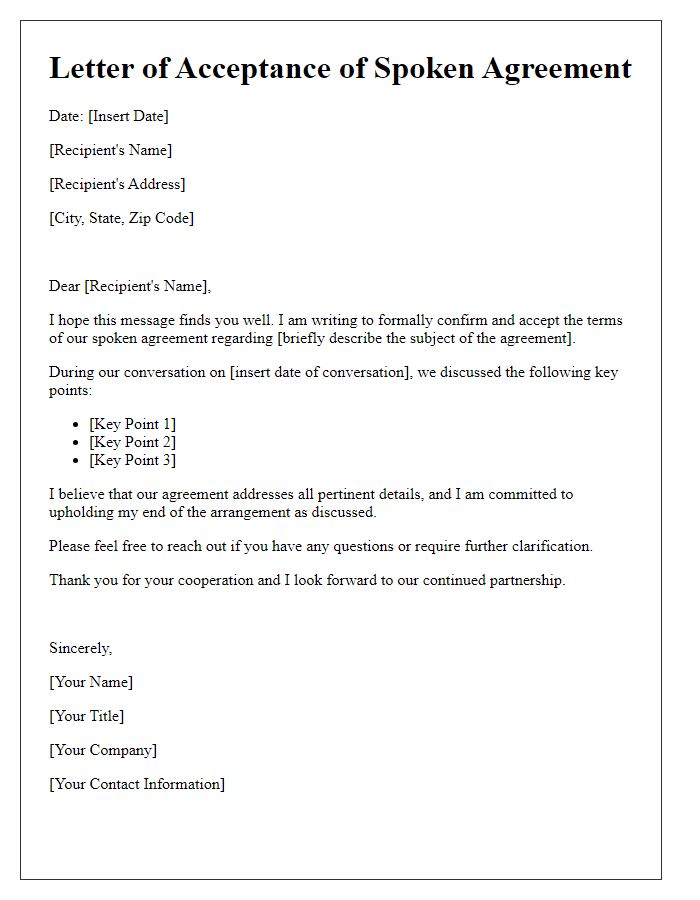 Letter template of Acceptance of Spoken Agreement