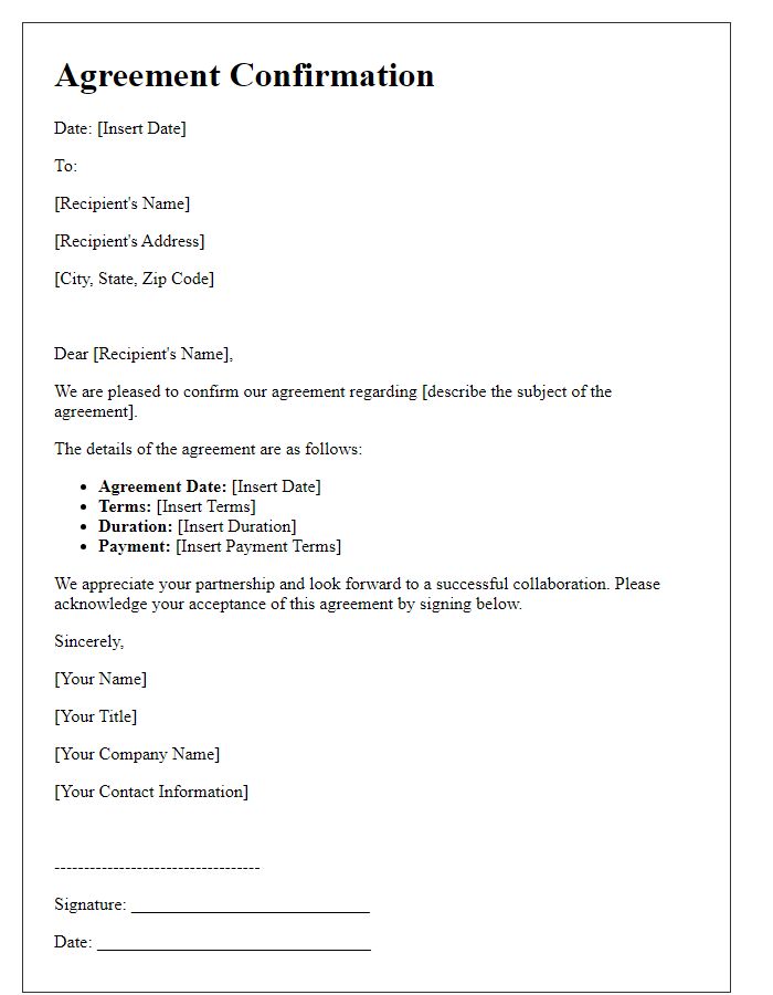 Letter template of Agreement Confirmation