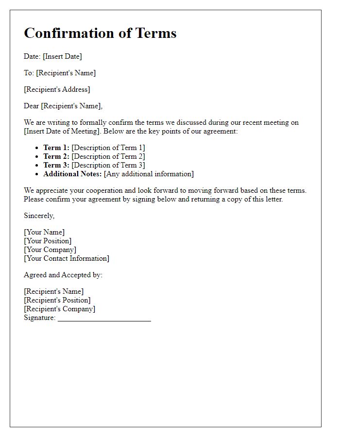 Letter template of Confirmation for Discussed Terms