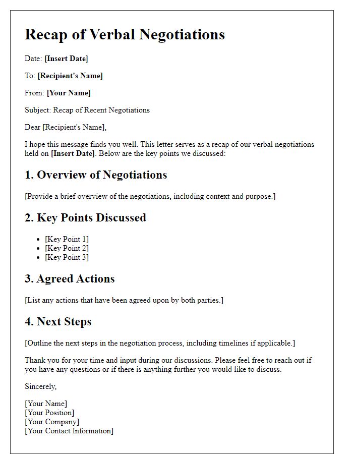 Letter template of Recap of Verbal Negotiations