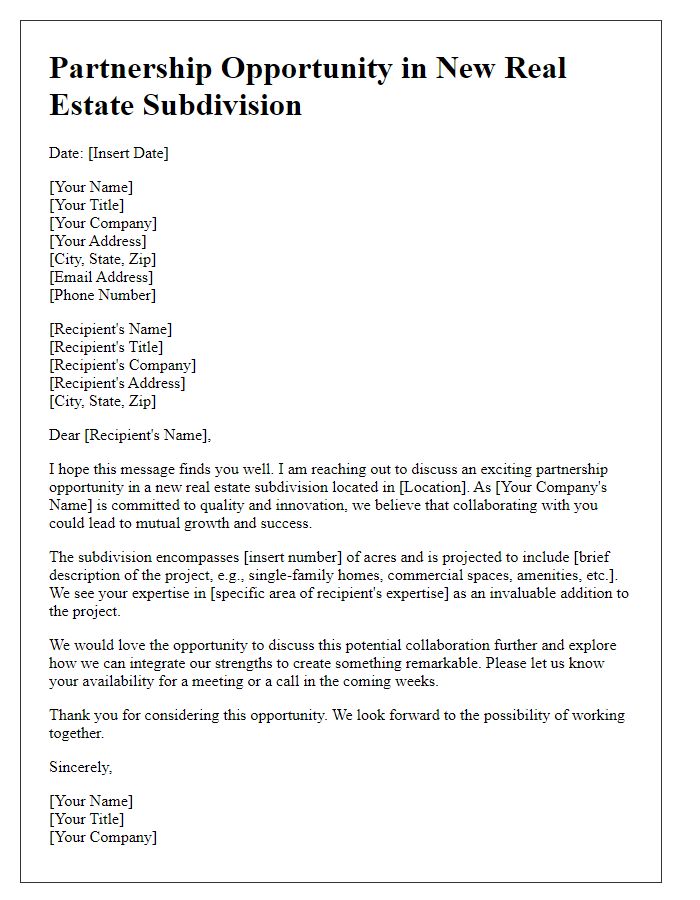 Letter template of partnership opportunity in new real estate subdivision