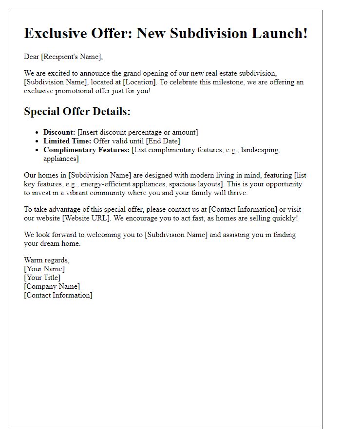 Letter template of promotional offer for new real estate subdivision