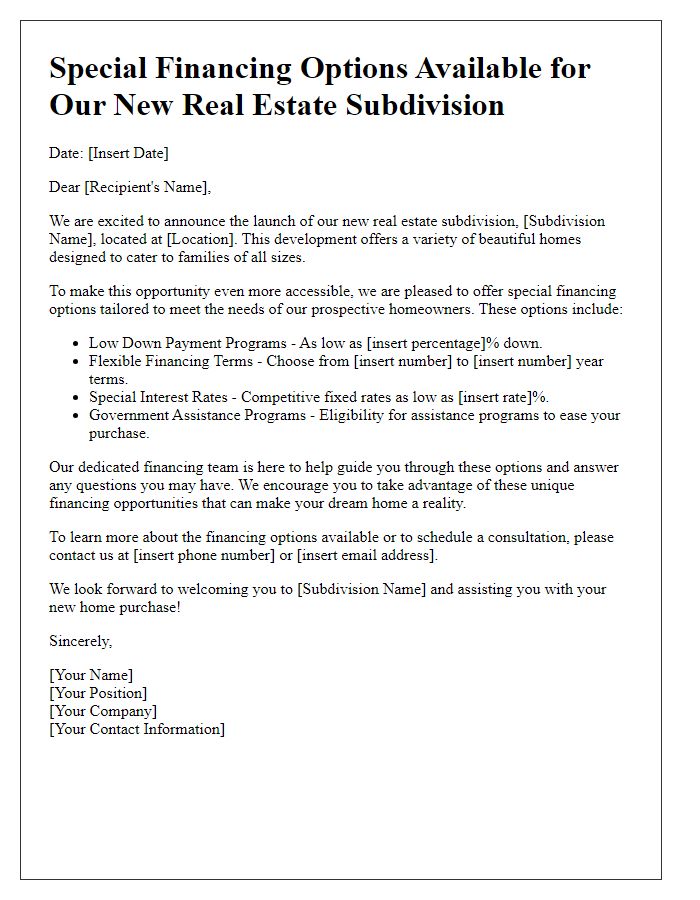 Letter template of special financing options for new real estate subdivision