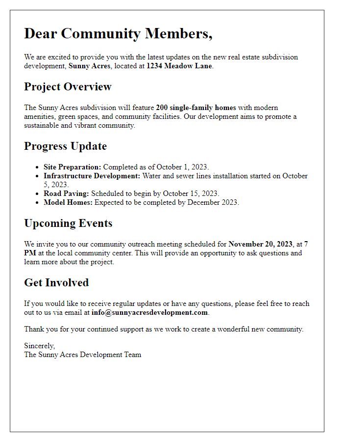 Letter template of updates on new real estate subdivision development