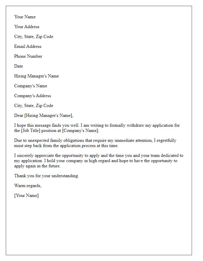 Letter template of job application withdrawal for family obligations