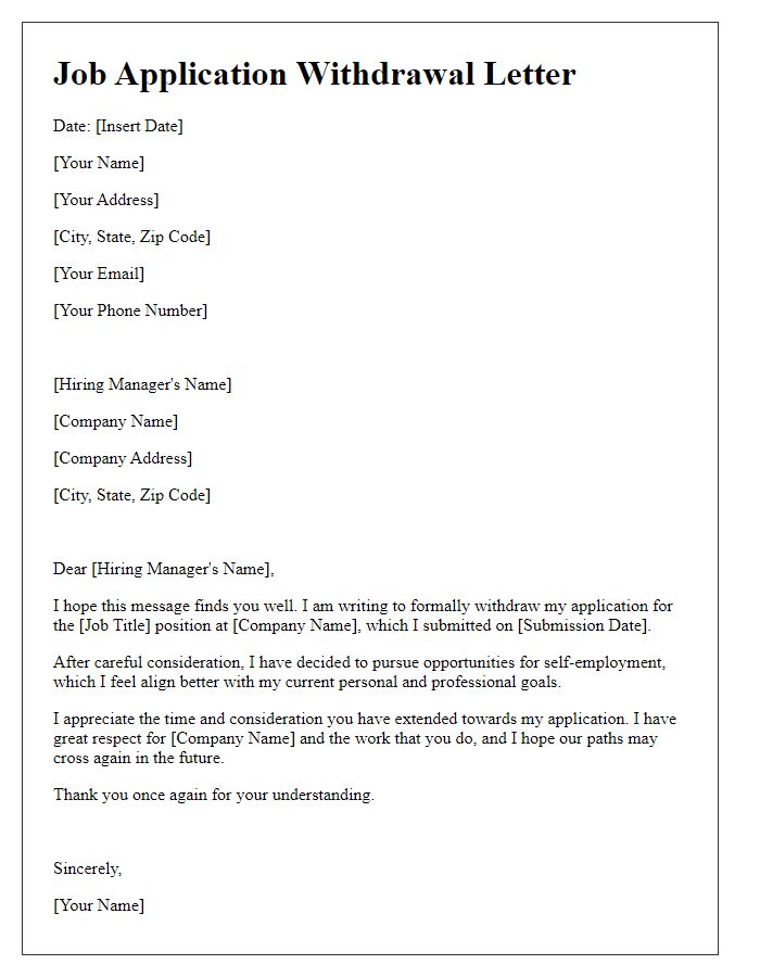 Letter template of job application withdrawal for pursuing self-employment