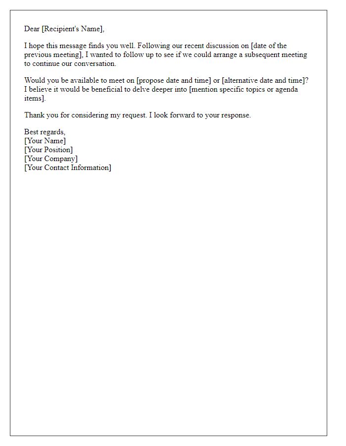 Letter template of follow-up to arrange a subsequent meeting