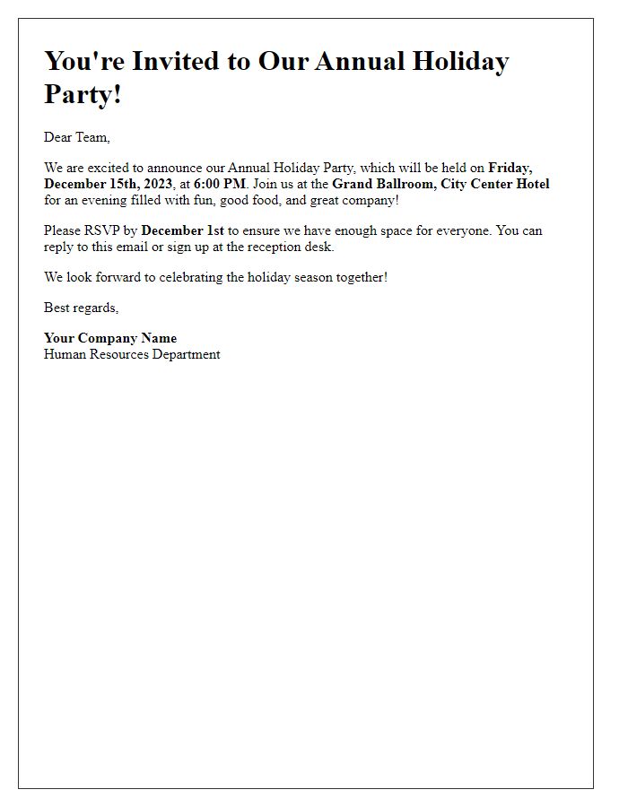 Letter template of announcement for company holiday party