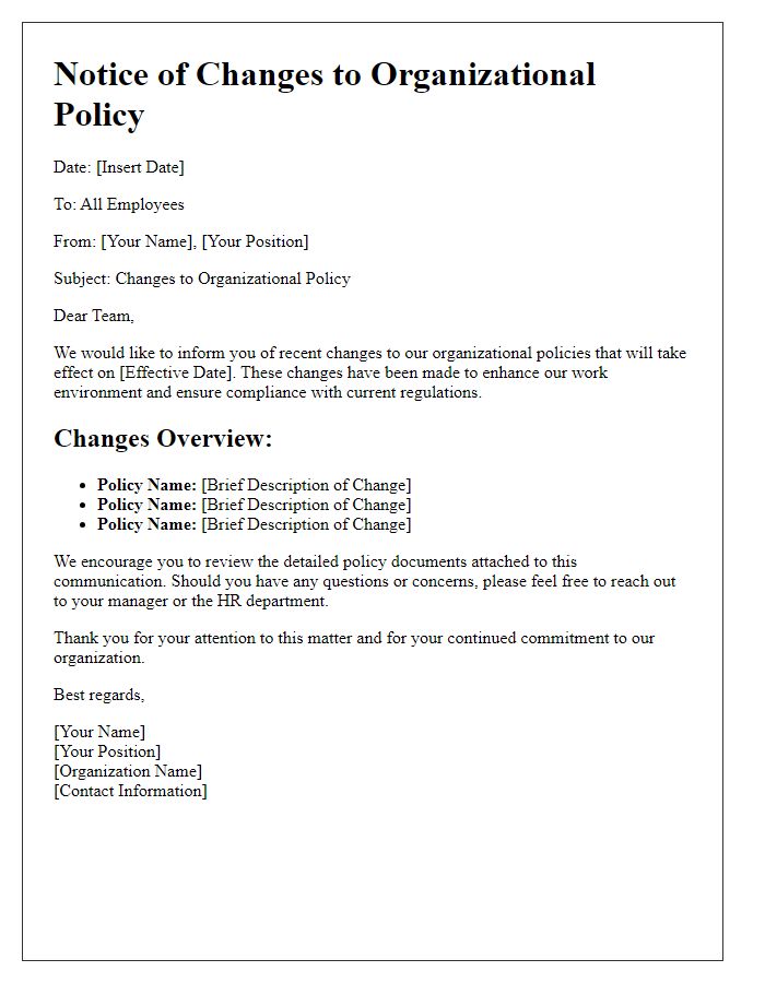 Letter template of changes to organizational policy