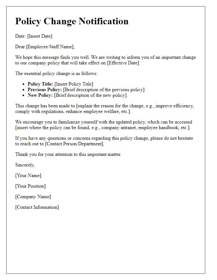 Letter template of essential policy change notification