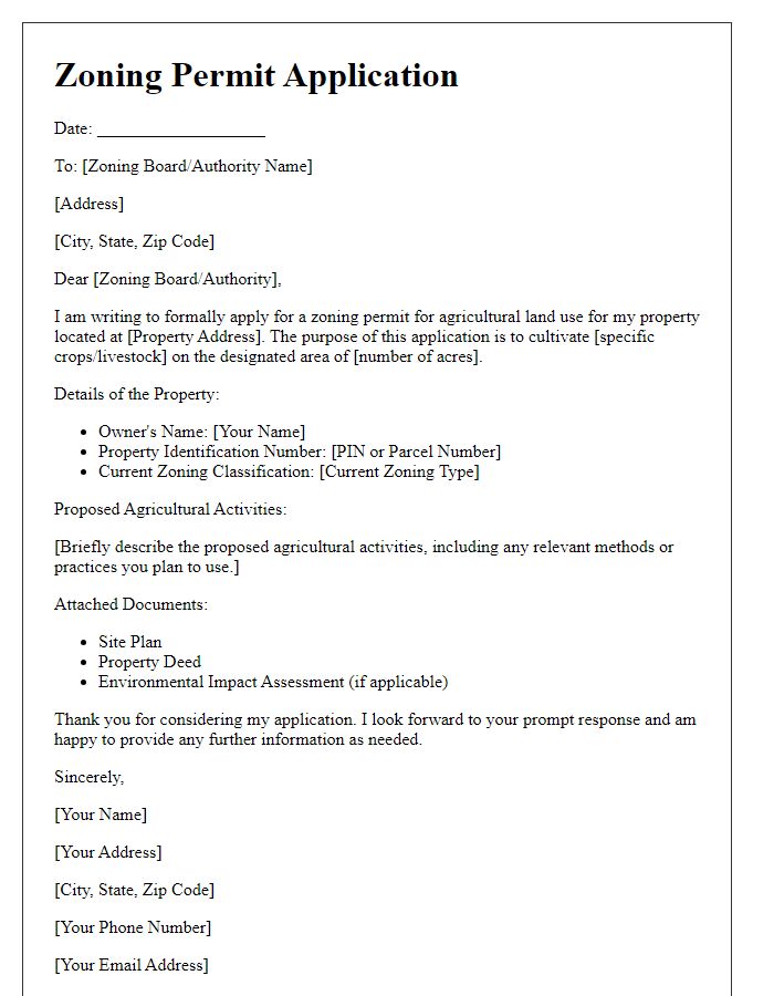 Letter template of zoning permit application for agricultural land use