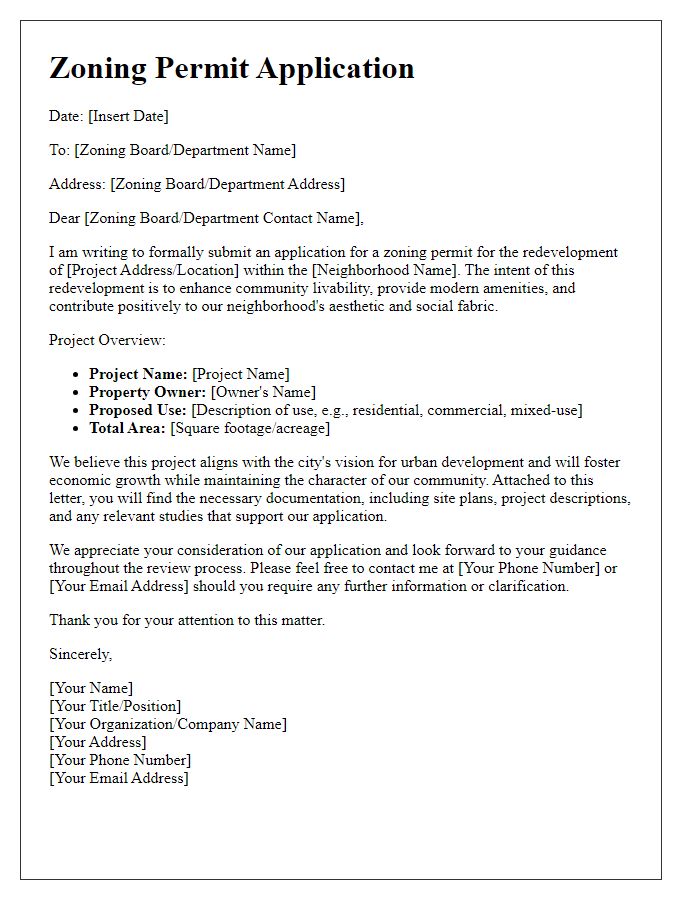 Letter template of zoning permit application for neighborhood redevelopment