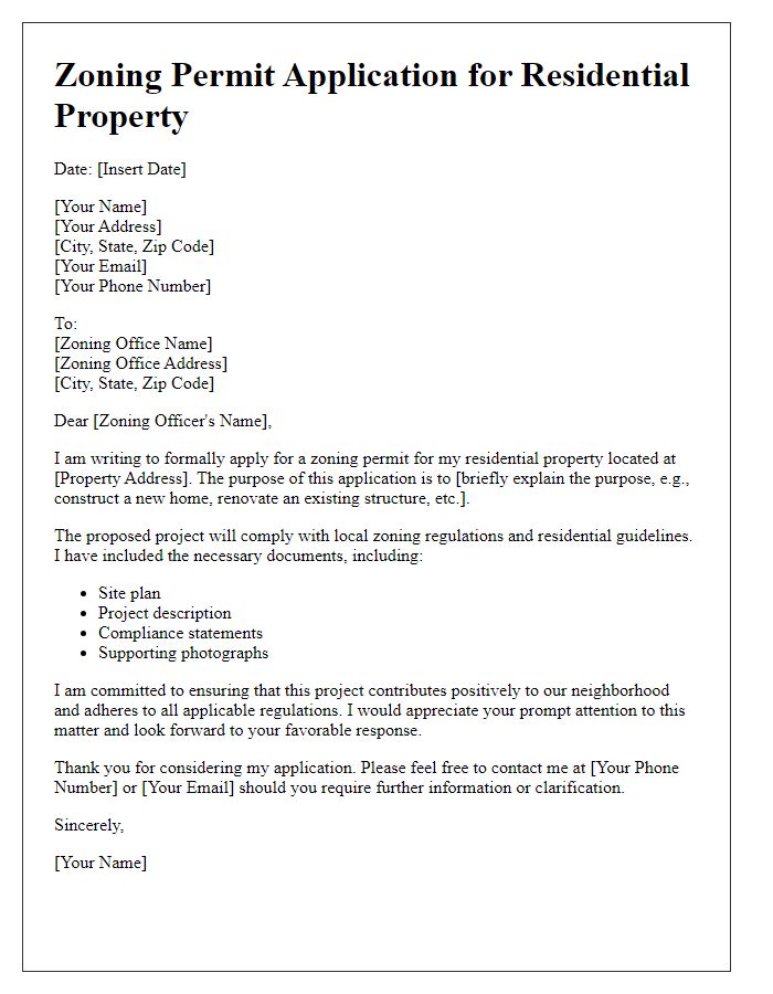 Letter template of zoning permit application for residential property