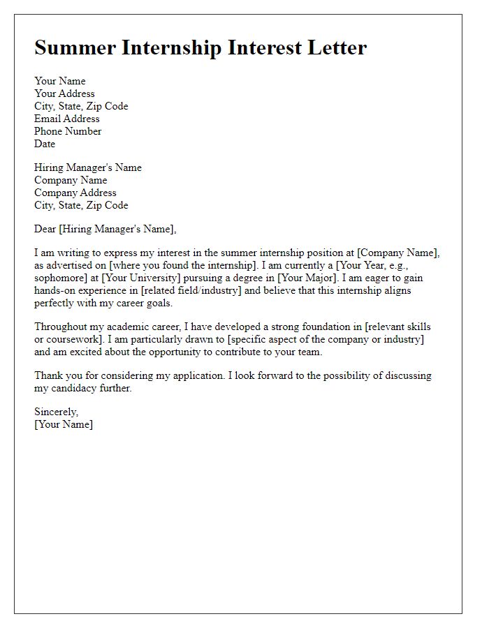 Letter template of interest in summer internship