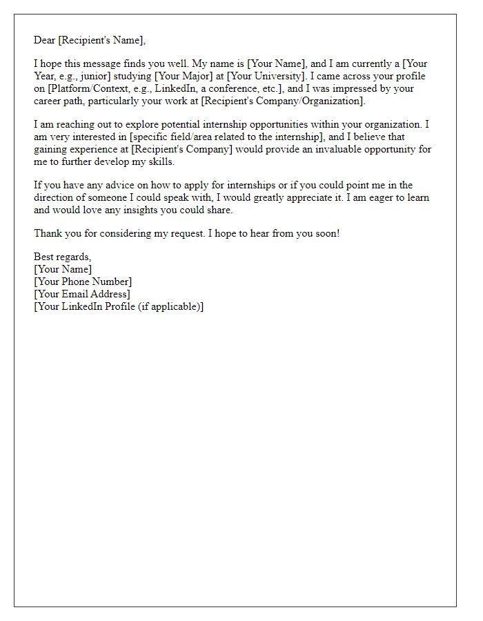 Letter template of networking for internship opportunities